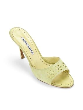 Manolo Blahnik Green Floral Eyelet Laser Cut Suede Heels